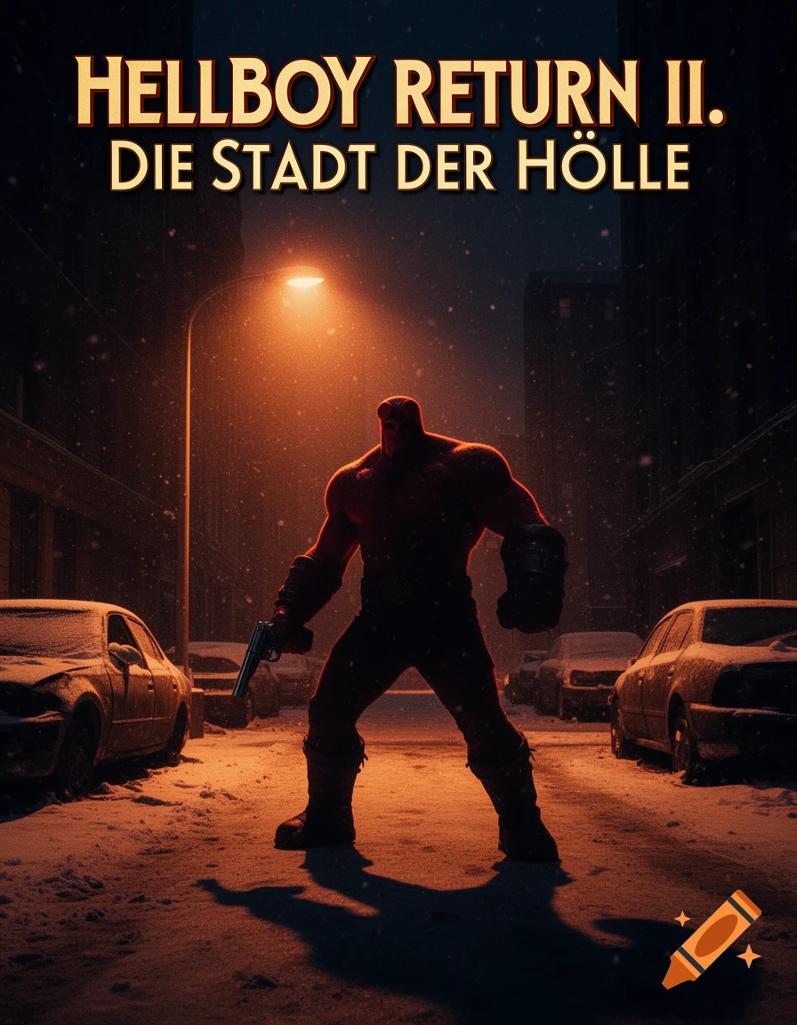 A red, muscular Hellboy stands with a revolver in a snowy, dark city street under an orange streetlight, resembling an action film poster.