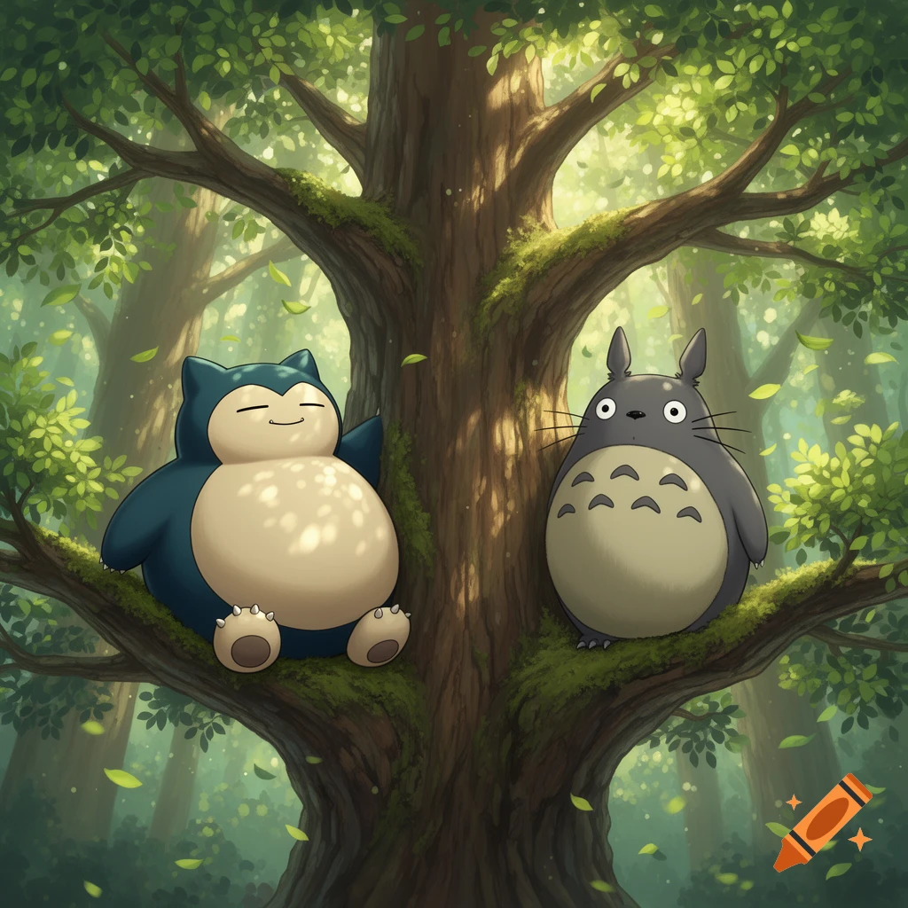 Snorlax and Totoro sit on branches of a large, mossy tree in a lush green forest, in an animated style.