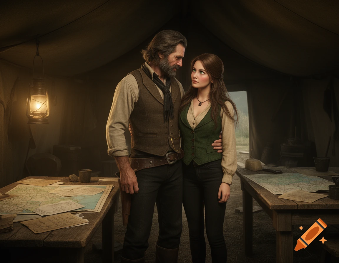 A photorealistic image of a man and woman in Western attire standing close in a dimly lit tent with maps on a table.