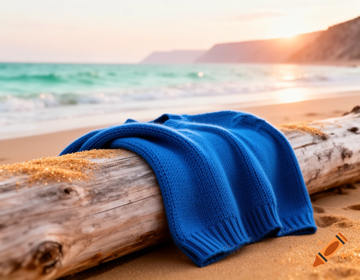 A blue knit sweater rests on a log on a sandy beach, with the ocean and a sunset in the background.