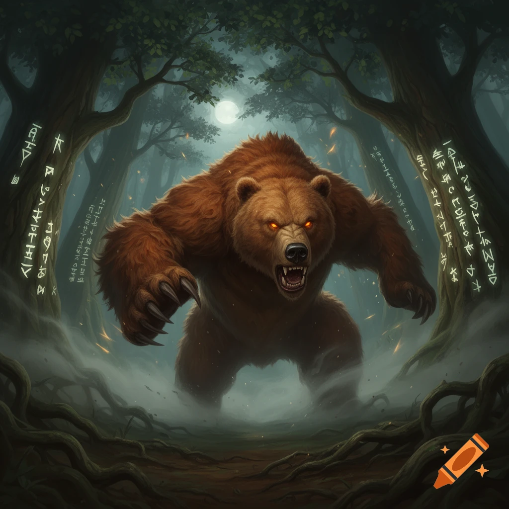 A ferocious brown bear with glowing red eyes and sharp claws roars in a misty, dark forest under a full moon, with glowing runes on trees. Art style.