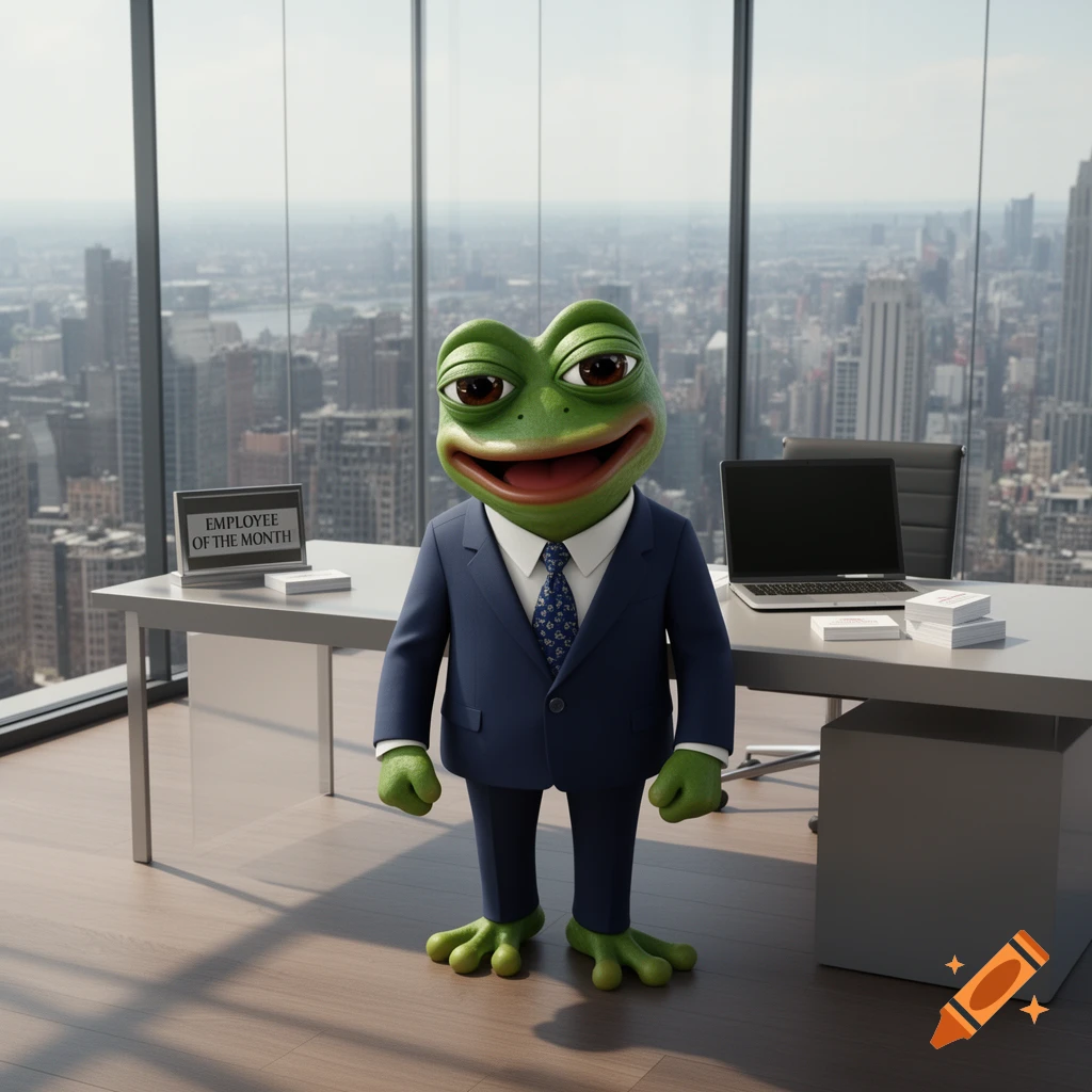 A cartoon frog wearing a business suit stands proudly in a modern high-rise office overlooking a city, with an 'Employee of the Month' sign on a desk.