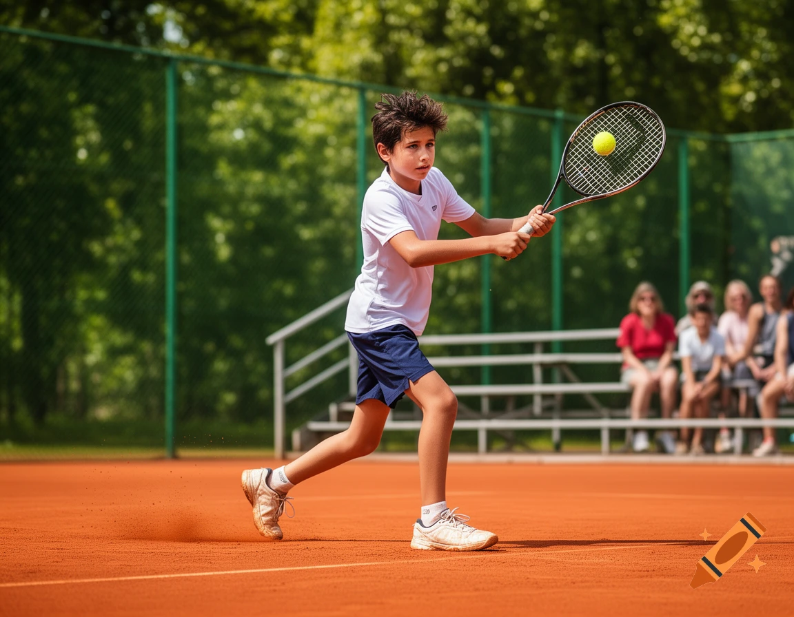A young boy in a white shirt and blue shorts hits a tennis ball on a clay court.