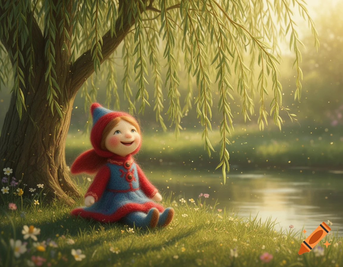 A whimsical needle felted wool doll sits smiling under a sunlit willow tree by a pond in a grassy field.