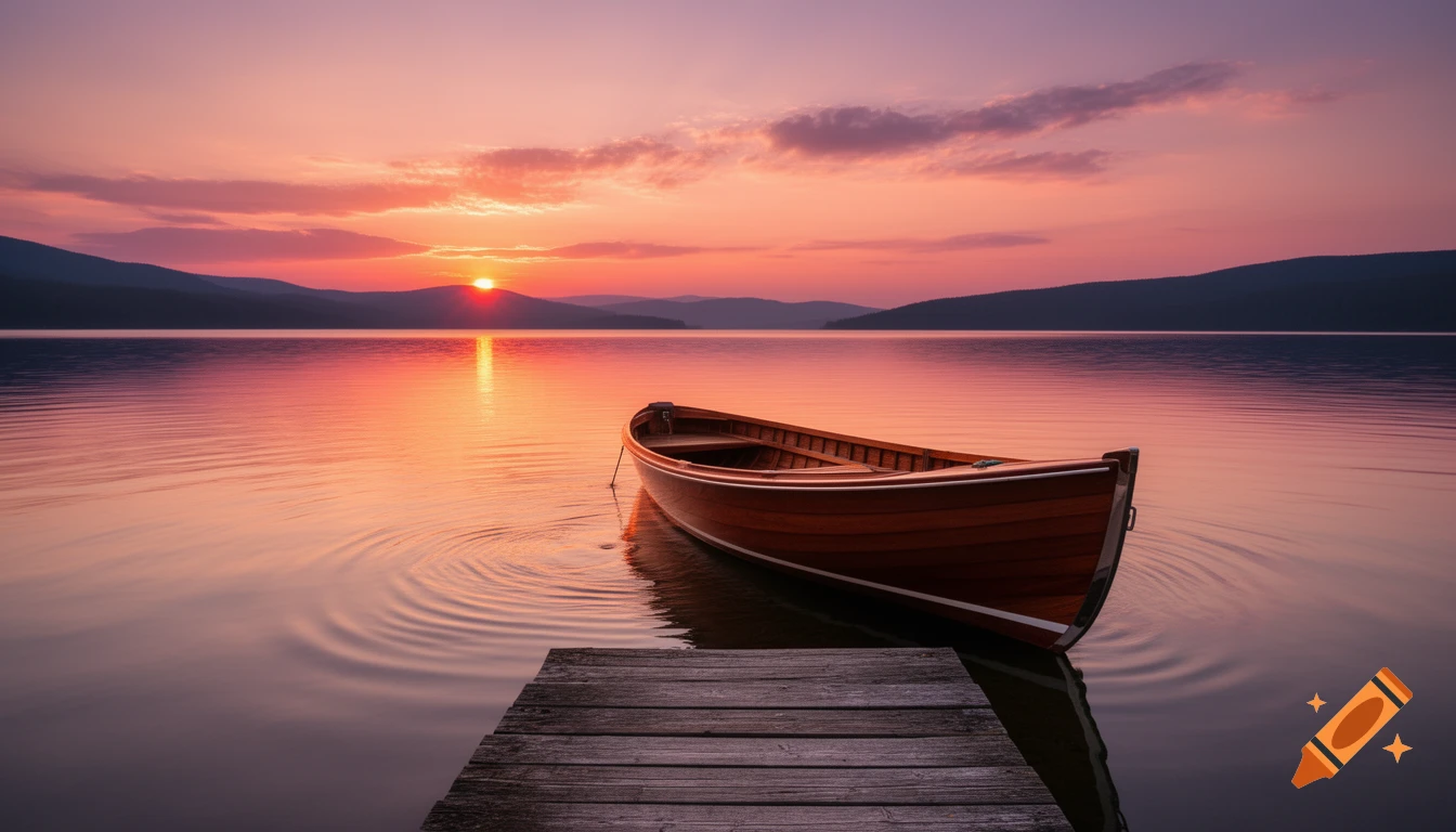 A wooden boat floats by a pier at sunset, reflecting warm orange and pink light on the calm lake water with distant mountains.
