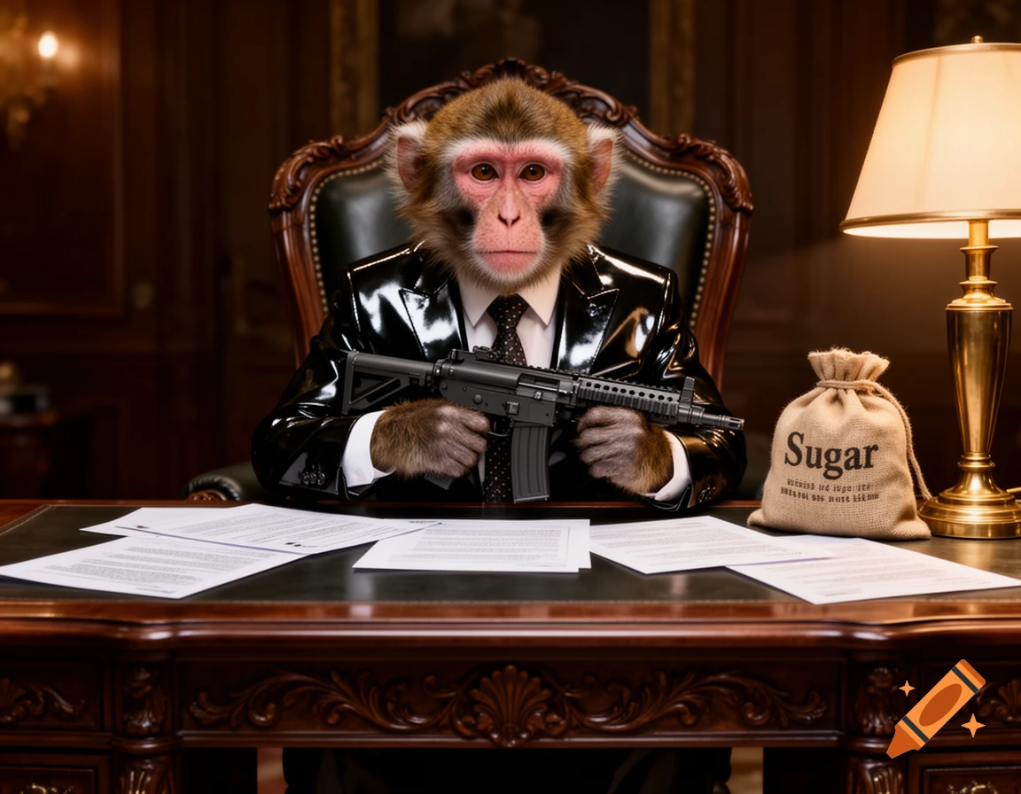 A photorealistic monkey in a shiny black suit sits at a luxurious wooden desk, holding a submachine gun. A burlap sack labeled 'Sugar' is next to a glowing lamp.