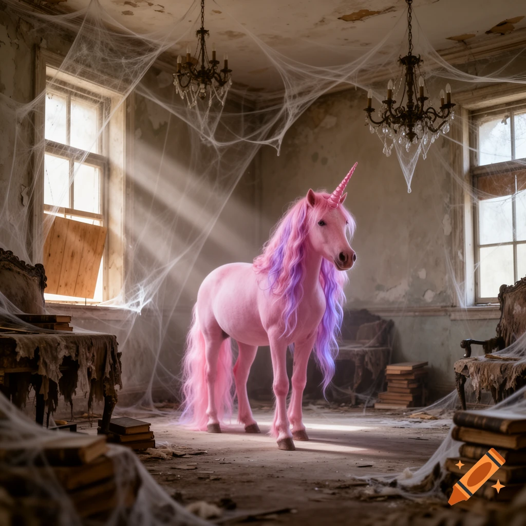 A pink unicorn with a purple mane and tail stands in a sunlit, abandoned room filled with cobwebs, old furniture, and books.