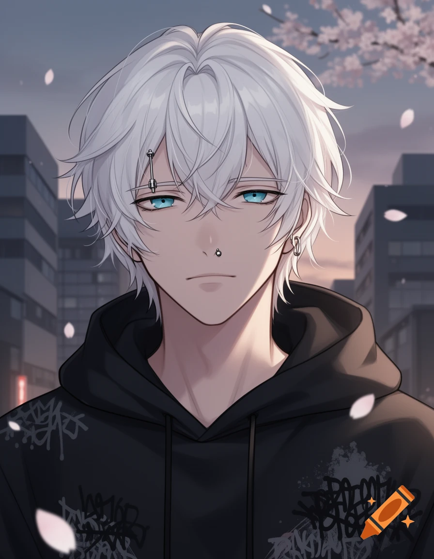 Anime-style portrait of a white-haired young man with blue eyes, eyebrow and nose piercings, wearing a black graffiti hoodie, with city buildings and cherry blossoms in the background.