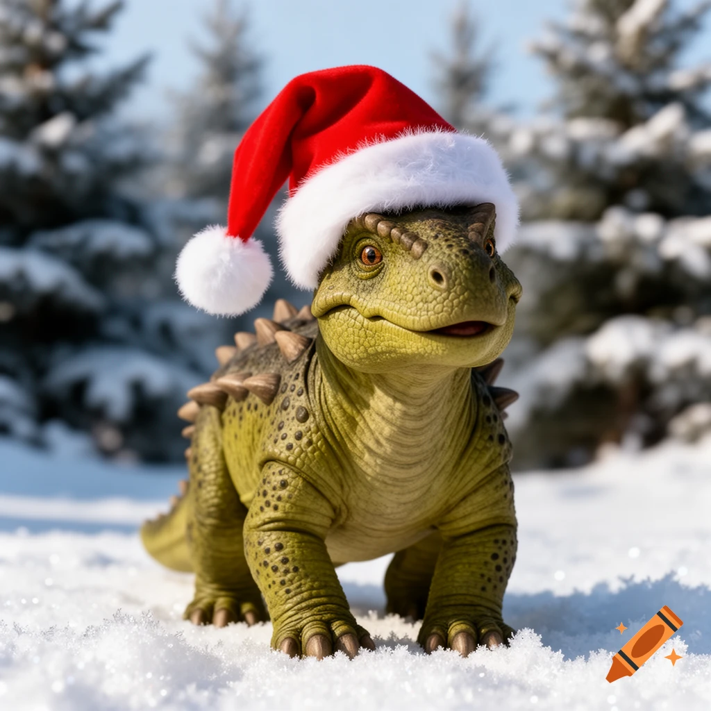 A cute green dinosaur wearing a red Santa hat stands in fresh snow in a winter forest, photorealistic.