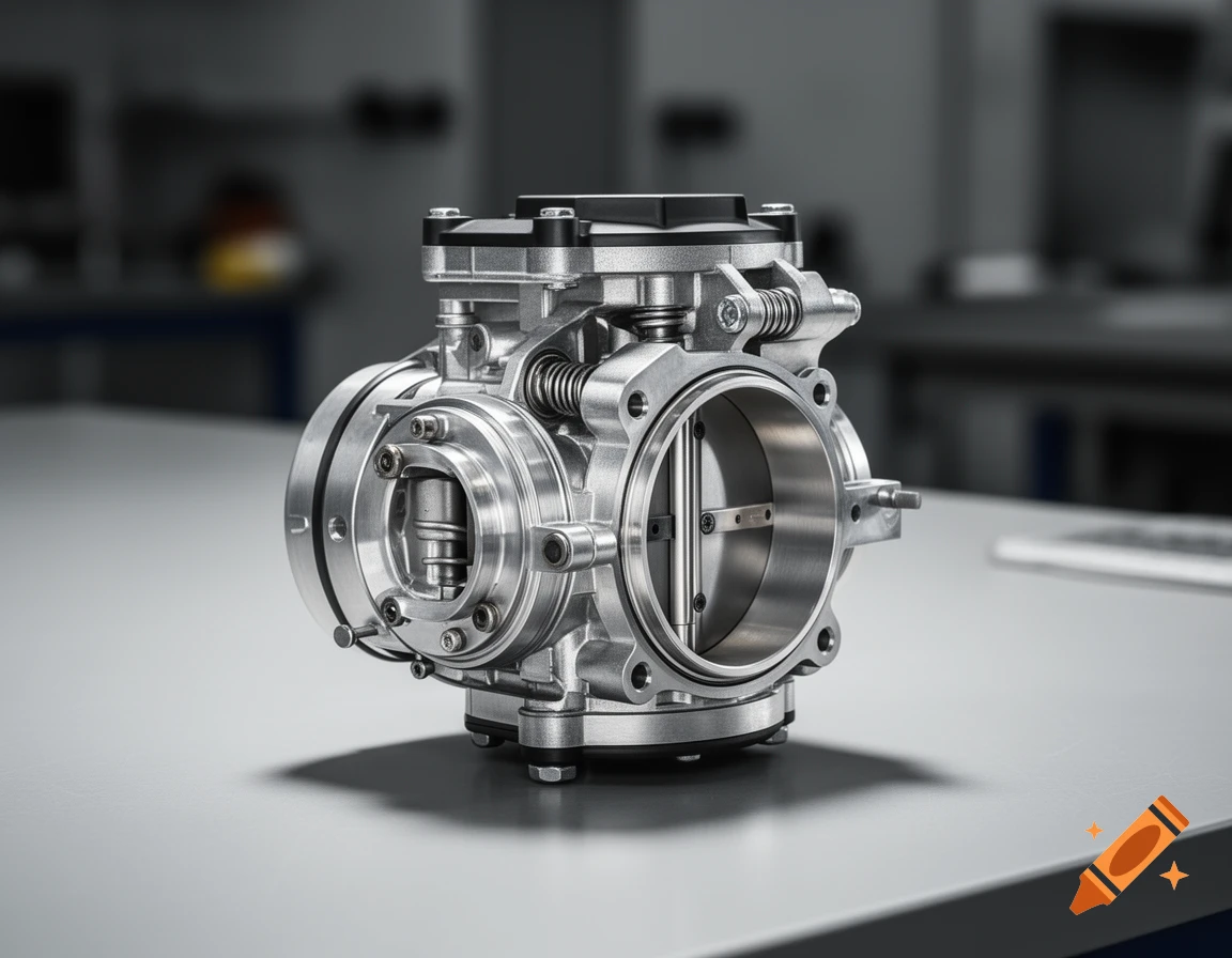 A detailed, photorealistic image of a silver metal throttle body resting on a grey surface.