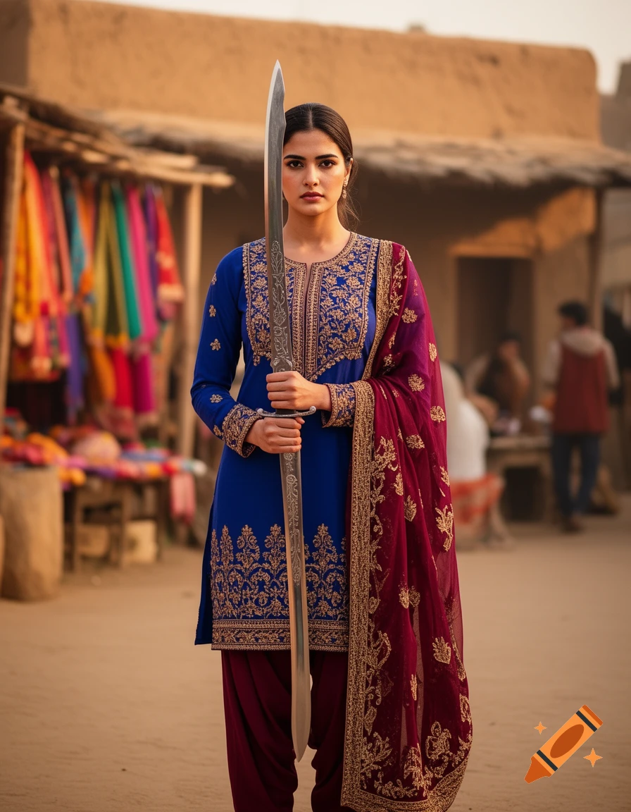 Photorealistic image of a woman in blue and maroon traditional Punjabi attire holding a sword upright in a dusty village.