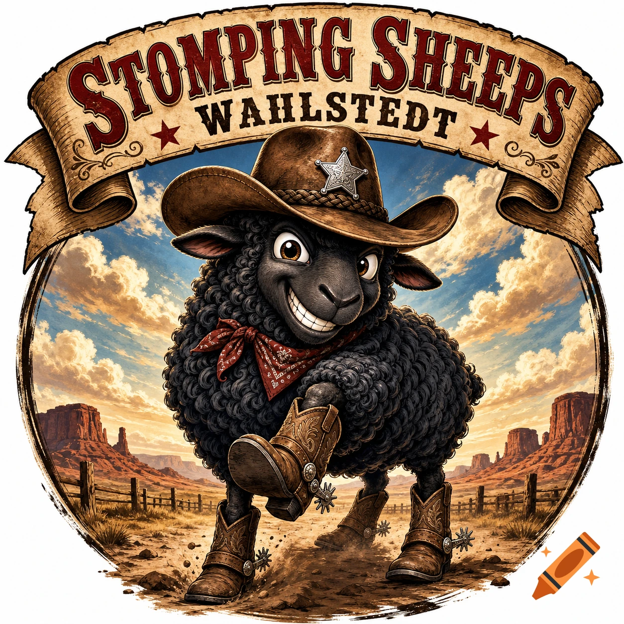 A grinning black sheep wearing a cowboy hat and boots, standing in a desert landscape under a banner that reads 'Stomping Sheeps Wahlstedt', in a cartoon logo style.