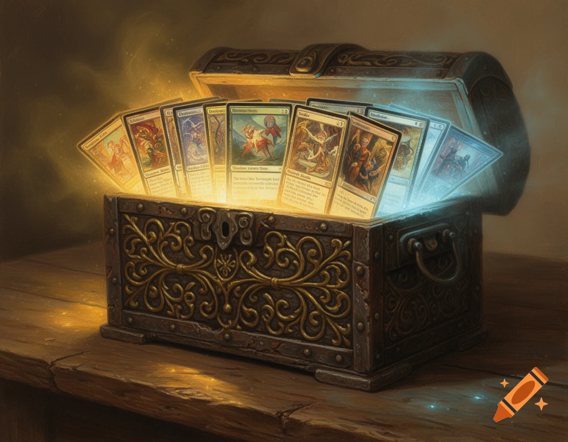 An ornate medieval treasure chest on a rustic table, open with glowing fantasy trading cards inside, in an oil painting style.