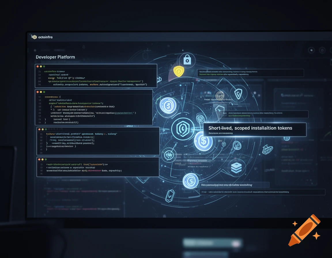 A futuristic developer platform interface displayed on a screen, showing code snippets and data visualizations with abstract geometric patterns and glowing icons.
