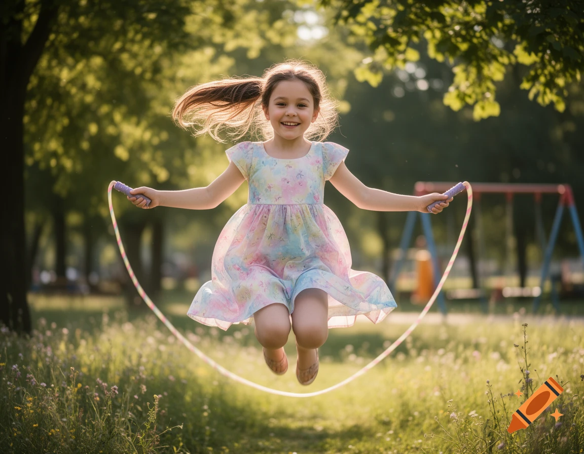 A smiling young girl with pigtails skips rope in a sunny park.