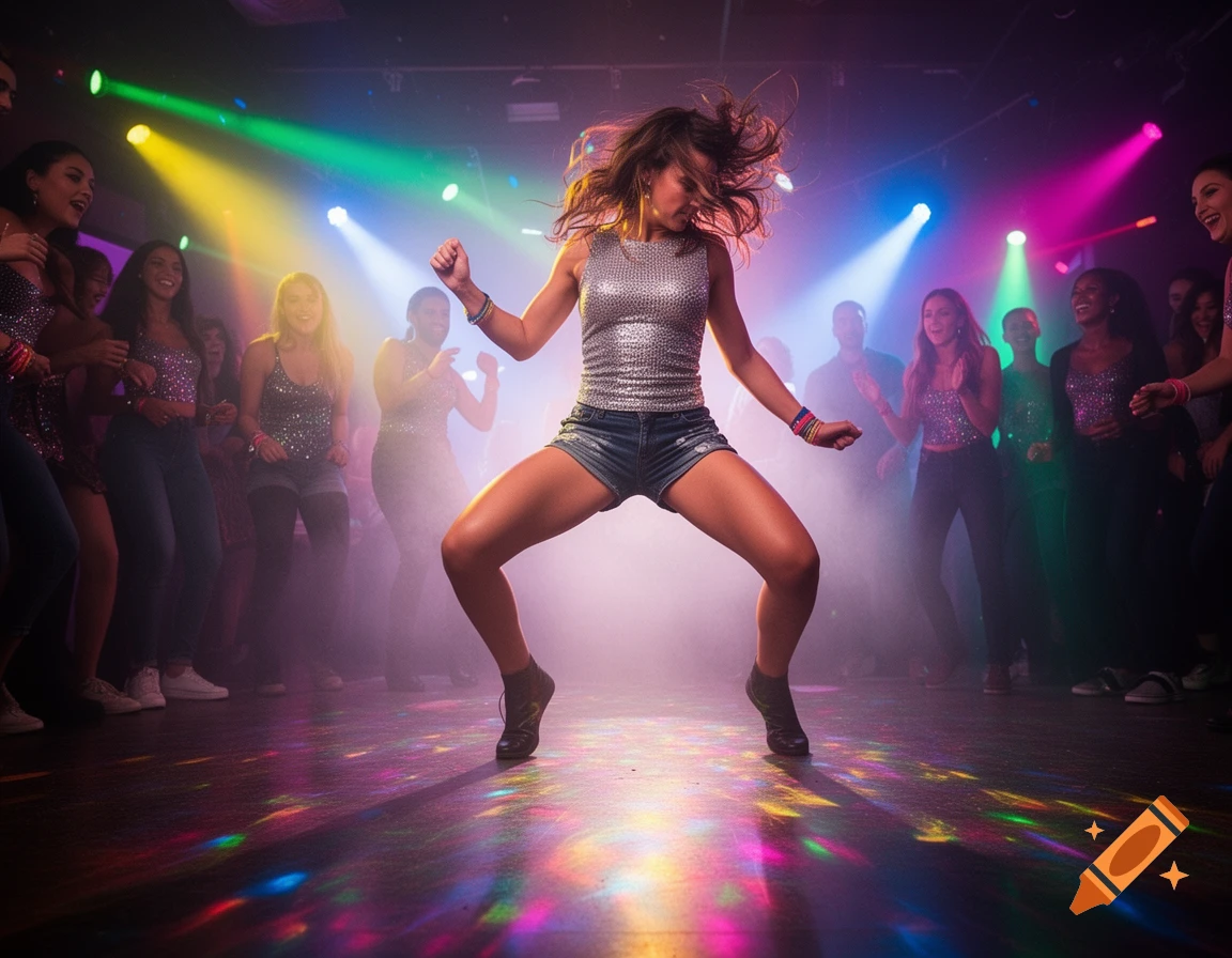 Energetic woman in shorts and a tank top dancing in a low squat in a crowded, colorful nightclub with spotlights and fog.