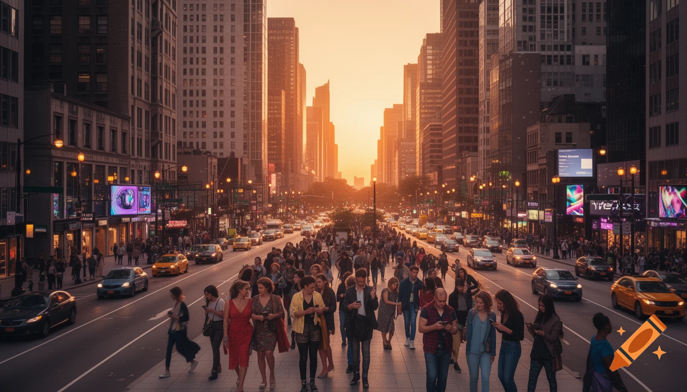 A bustling city street at sunset with many pedestrians, cars, and tall buildings under an orange sky.