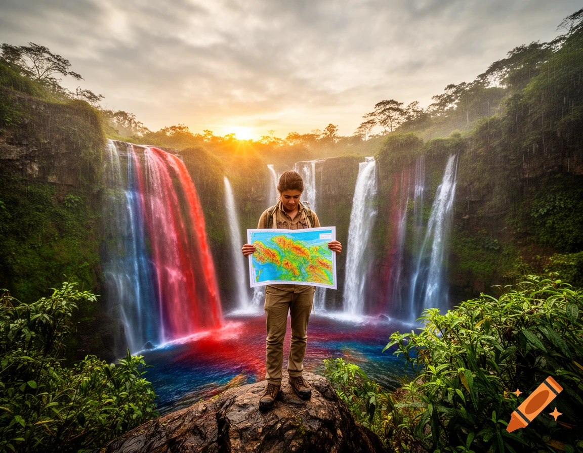 A person stands on a rock, holding a map, in front of vibrant red and blue waterfalls during sunset, surrounded by lush greenery.