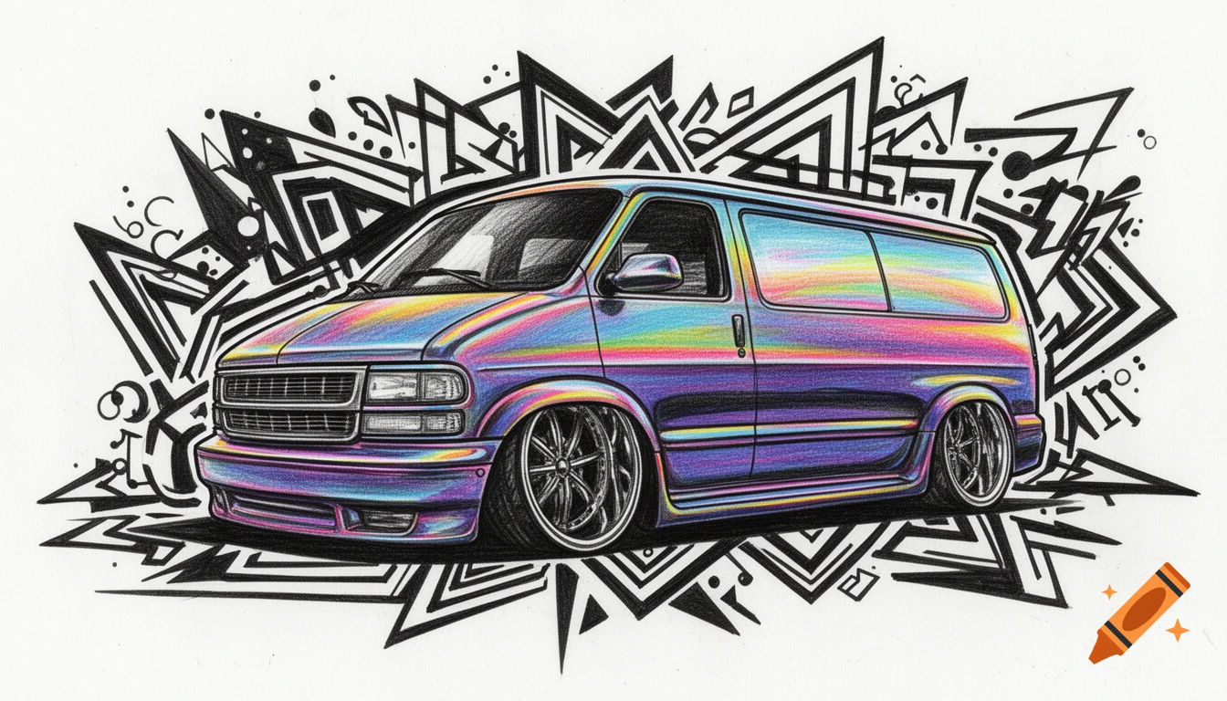 A vibrant colored pencil illustration of a custom, low-slung van with iridescent paint, deep-dish wheels, against a high-contrast abstract black and white graphic background.