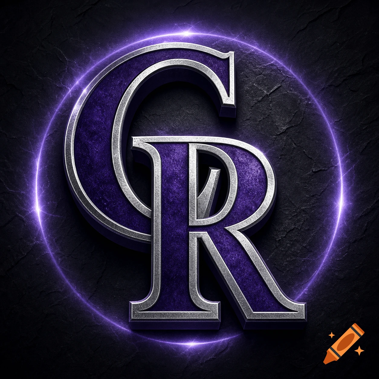 A textured purple and silver 'CR' logo with a metallic outline, set against a dark stone background with a glowing purple ring.