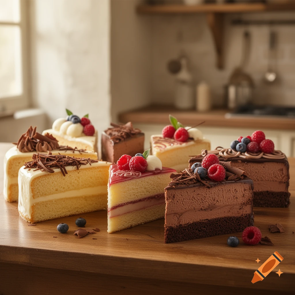 Photorealistic image of multiple slices of cake, topped with fruit and chocolate, on a wooden counter in a kitchen.