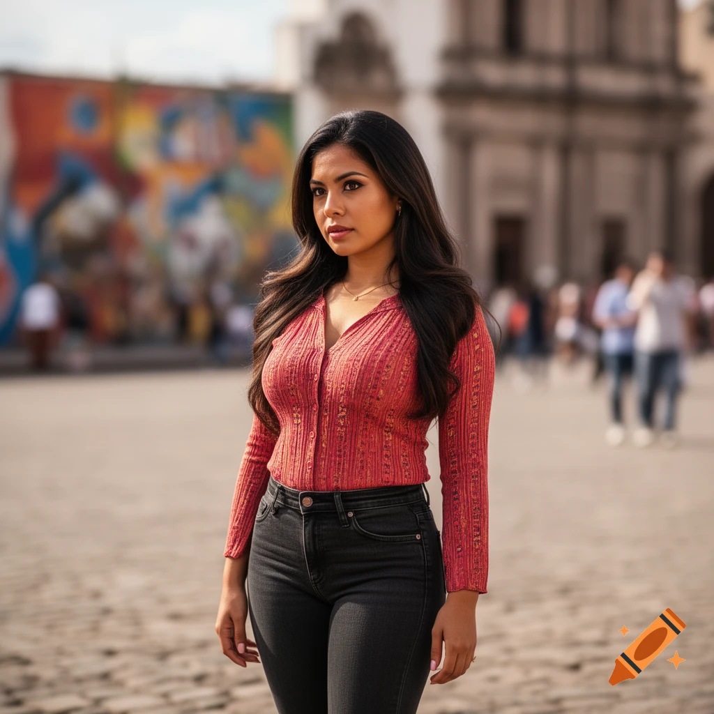 A Latina woman in a red top and dark jeans stands in an outdoor paved area, with a blurred colorful mural and buildings in the background.