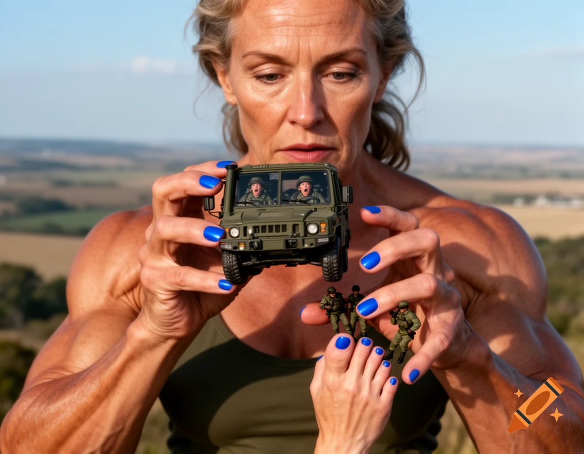 A muscular woman with blue nails holds a miniature army truck to her face and tiny soldiers on her hand and foot in a surreal landscape.
