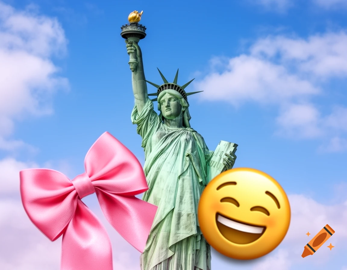 The Statue of Liberty with a large pink bow and a laughing emoji against a blue sky.