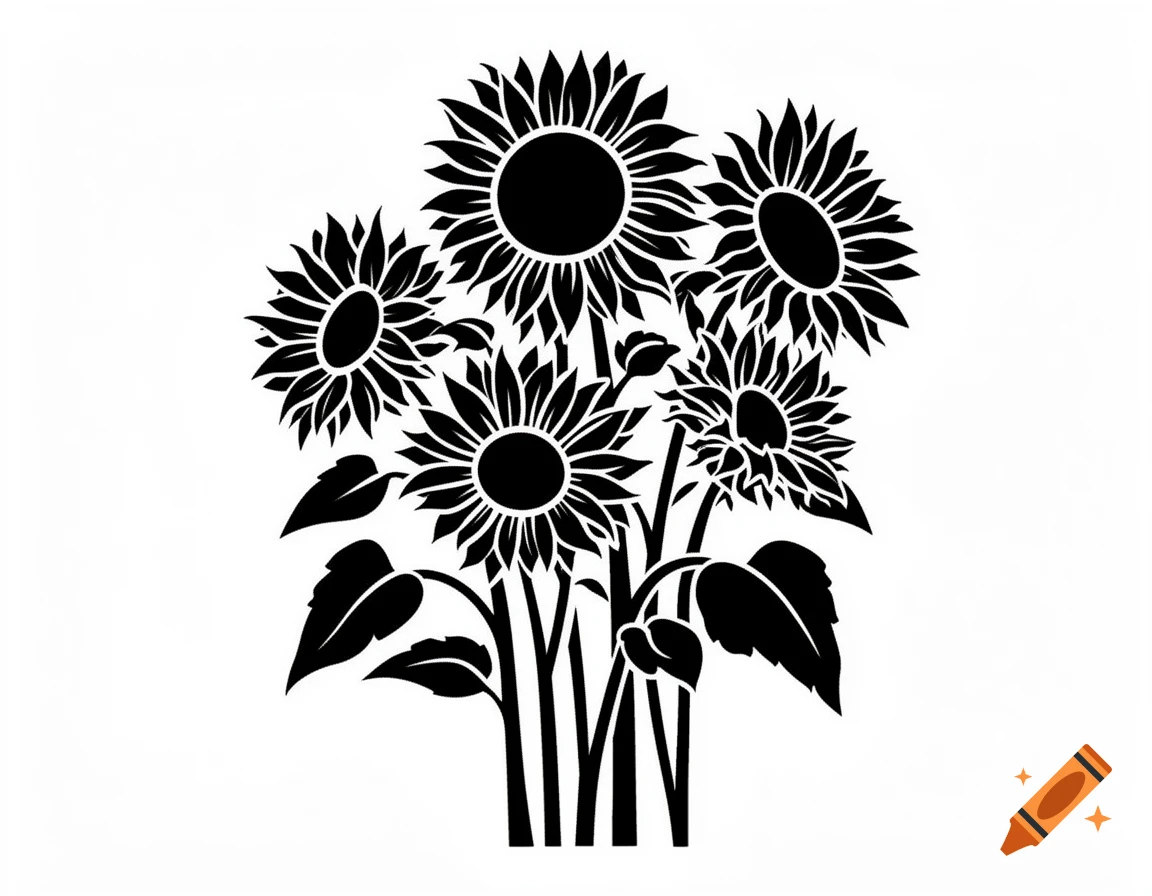 Black and white silhouette of a bouquet of sunflowers with large blossoms, stems, and leaves in a stencil art style.