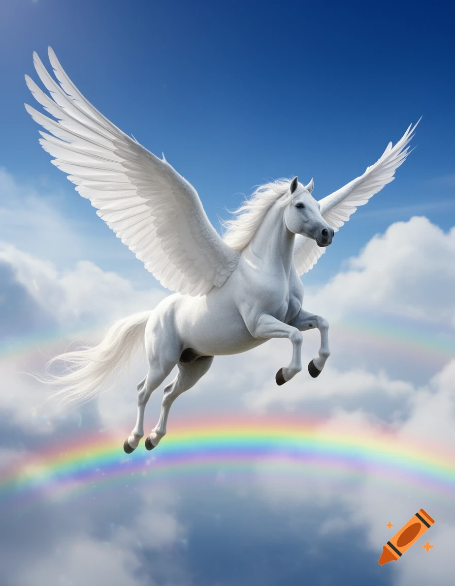 An elegant white Pegasus with large wings flies gracefully through a blue sky above a vibrant rainbow.