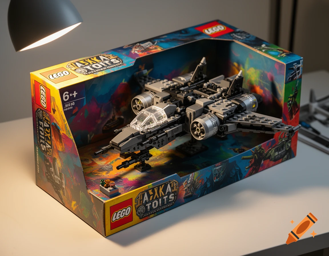 A grey and black LEGO warplane model displayed in an open retail box on a table under a desk lamp.