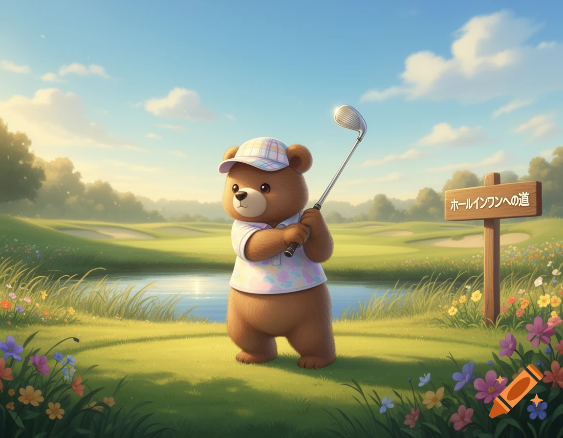 A cute cartoon bear in a plaid cap and polo shirt holds a golf club on a sunny golf course near a pond.