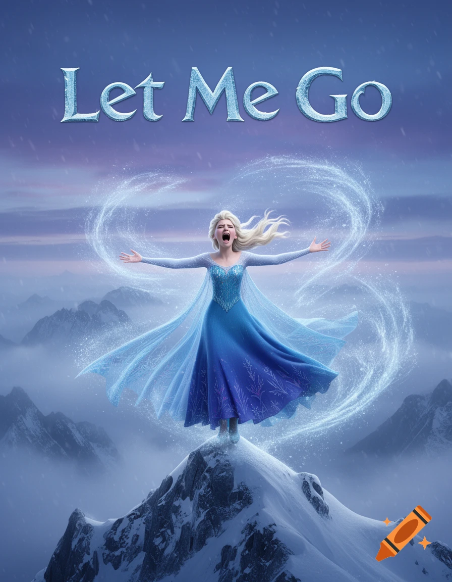 Elsa from Frozen, in a blue dress, stands on a snowy mountain peak, arms outstretched and screaming, with ice magic swirling around her, under the text 'Let Me Go'.