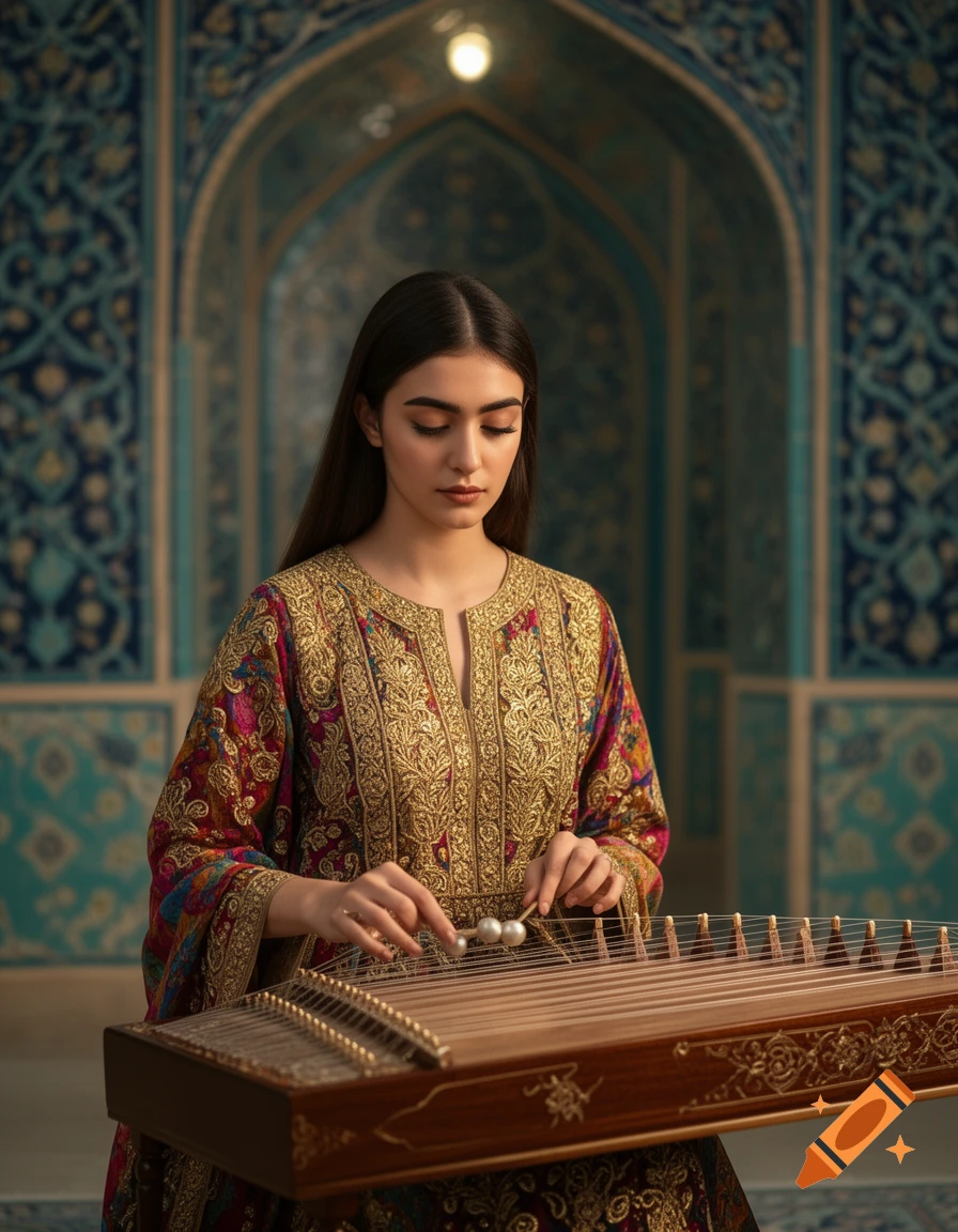 Photorealistic portrait of a young Persian woman in traditional attire playing a santur in an ornate palace with blue and turquoise tilework.