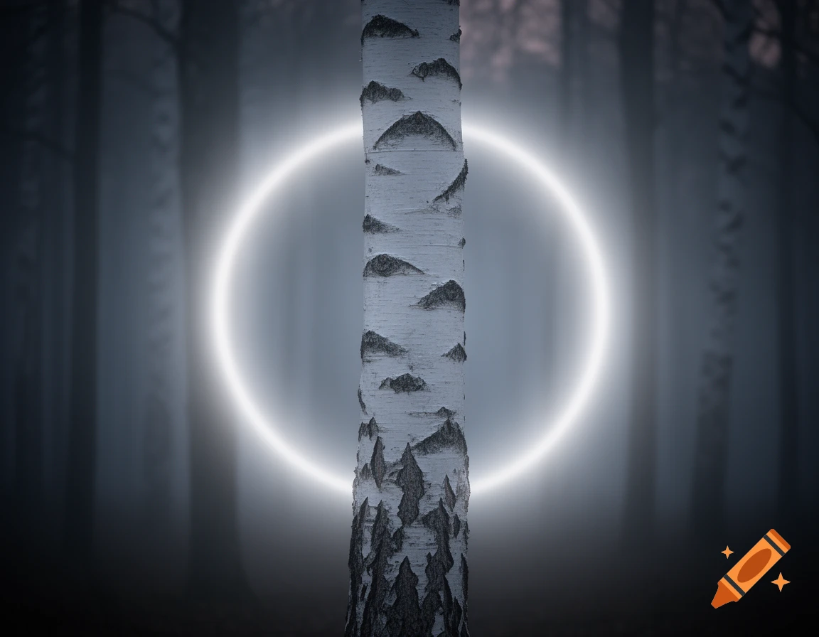 A photorealistic image of a white birch tree trunk standing centrally in a misty forest, with a glowing silver ring behind it.
