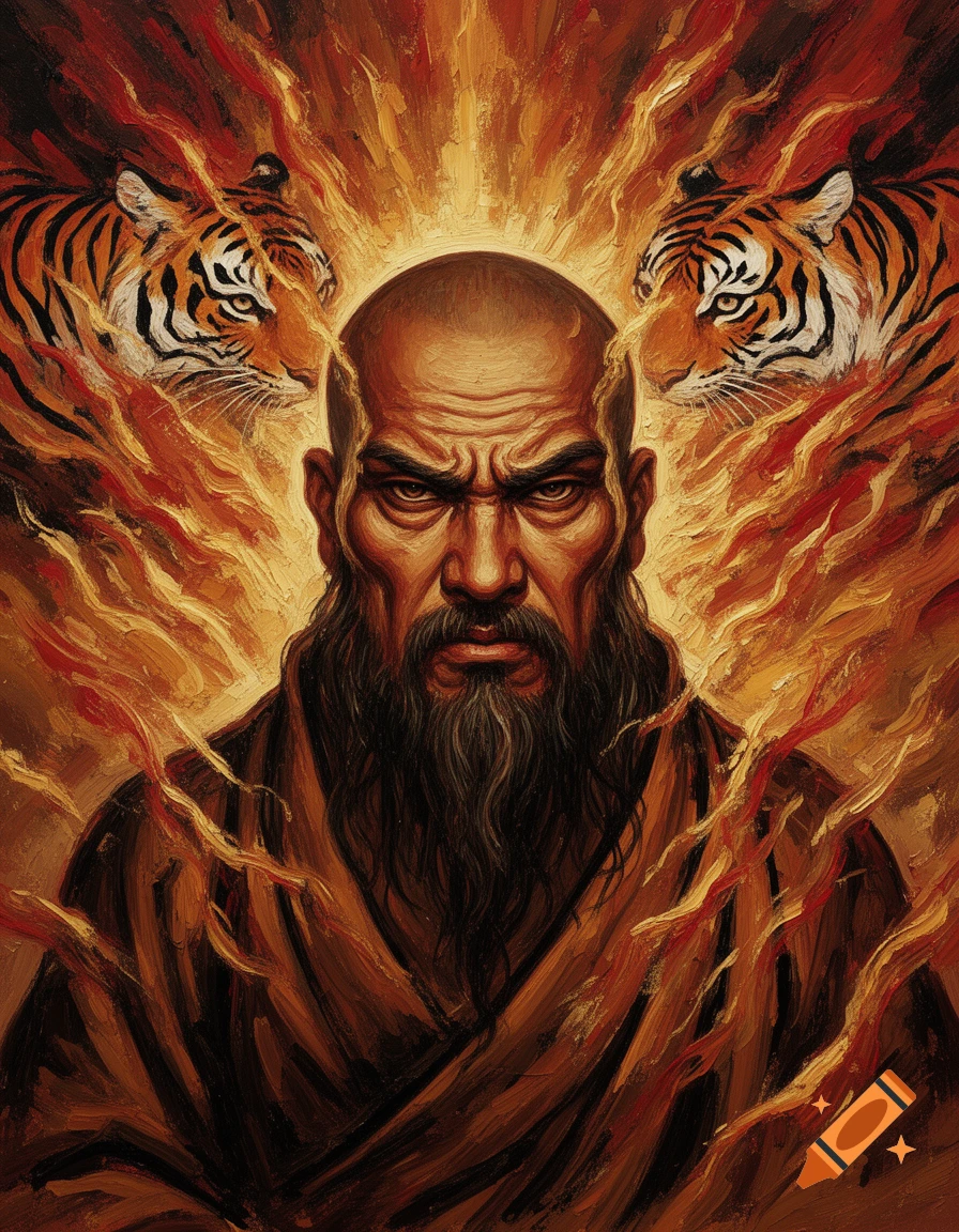 Painting of a stern bald man with a long beard, surrounded by fiery energy and two tigers, rendered in bold brush strokes.