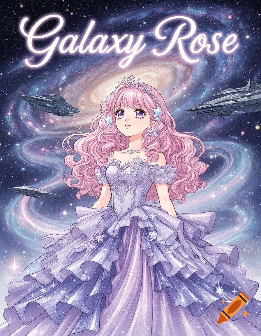 Anime princess with pink hair and a sparkly purple gown floats in a galaxy with spaceships, 'Galaxy Rose' title above.