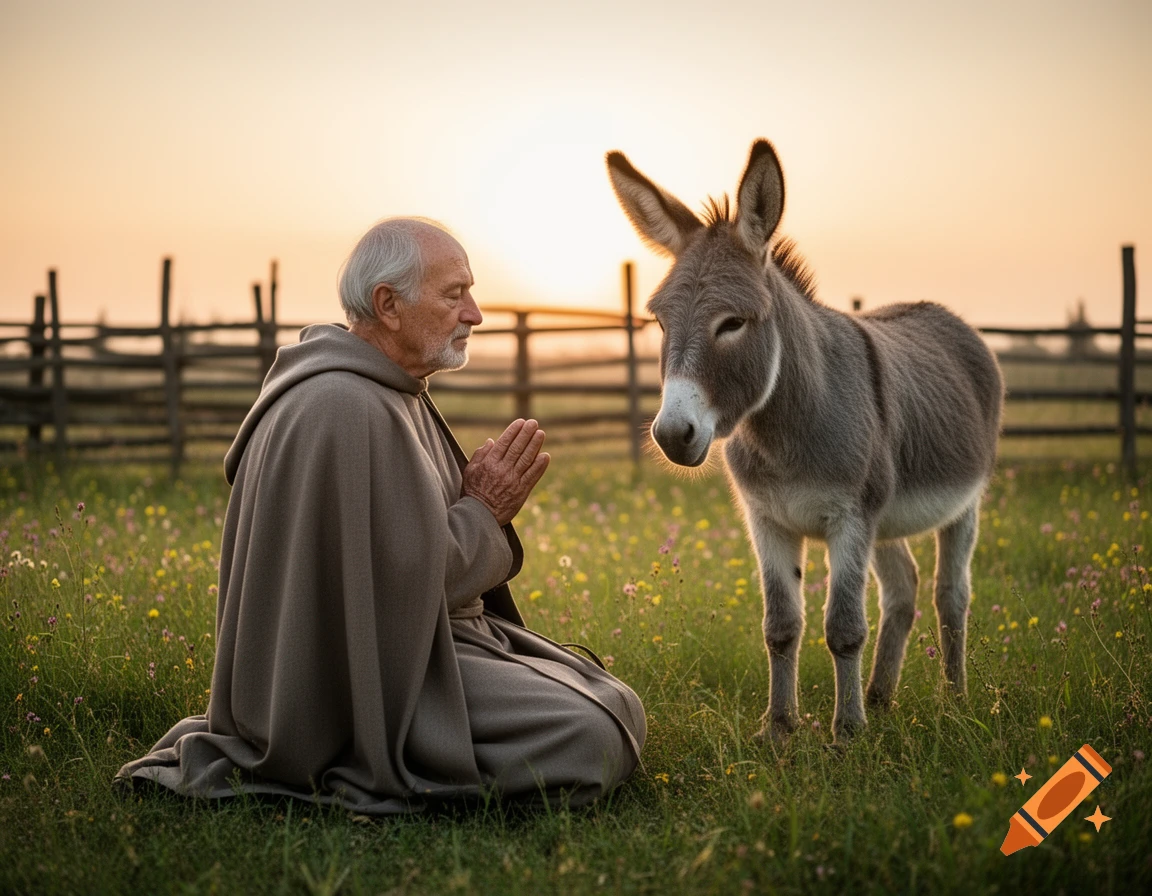 A man in a simple robe kneels with clasped hands, appearing to pray before a small gray donkey in a sunlit grassy field at sunset.