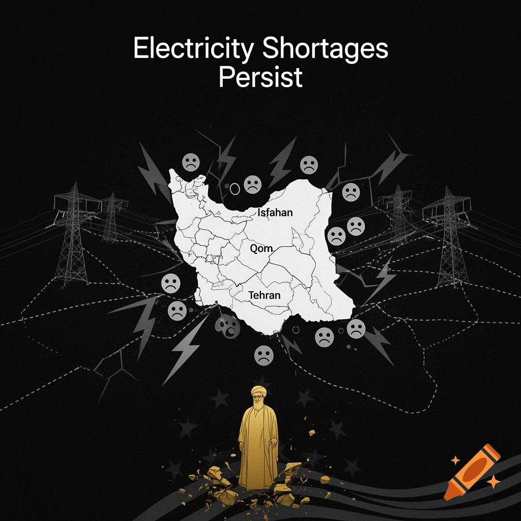 Stylized illustration of Iran's map with sad faces, lightning bolts, and power lines, showing a golden figure of an Ayatollah below, with the text 'Electricity Shortages Persist' above.