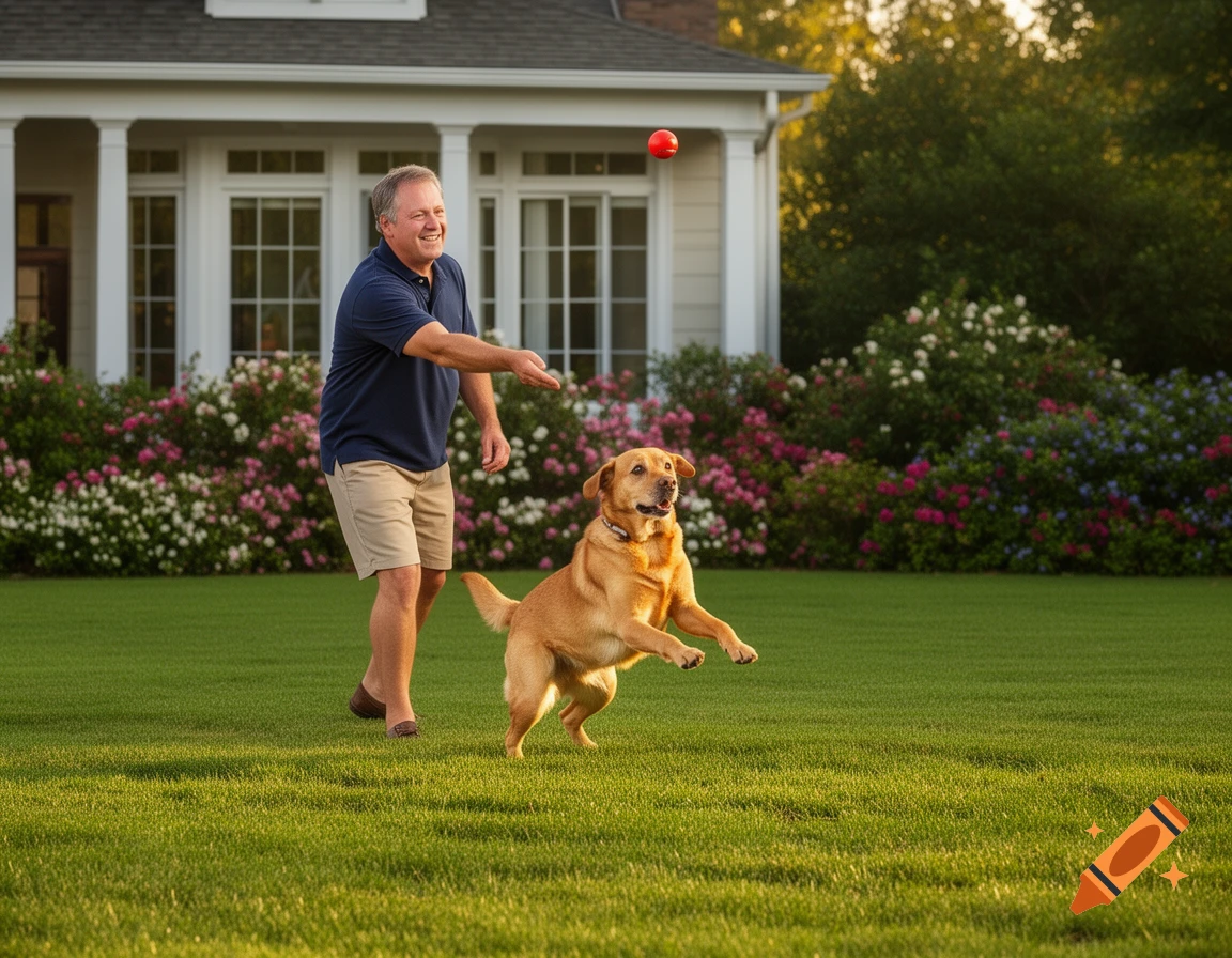 A man throws a red ball to a jumping golden retriever on a green lawn in front of a white house with flowering bushes.