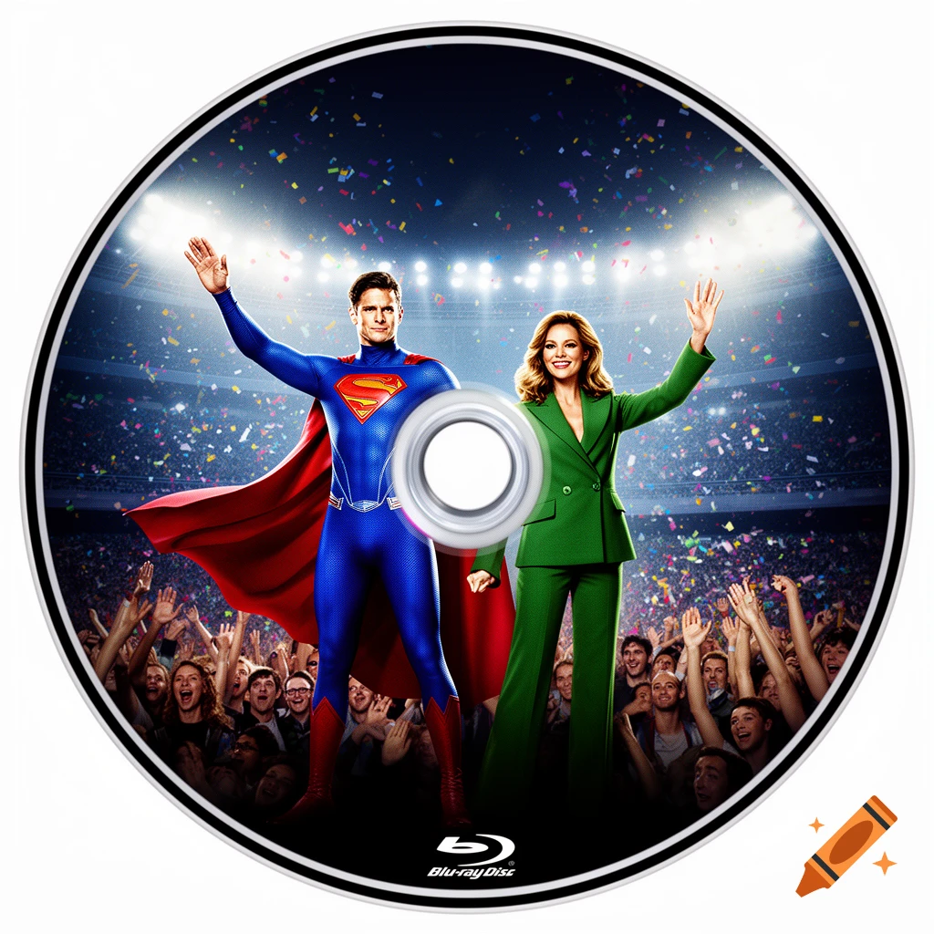 A circular Blu-ray disc label shows a man in a blue and red superhero suit and a woman in a green suit waving to a cheering crowd in a stadium with falling confetti.