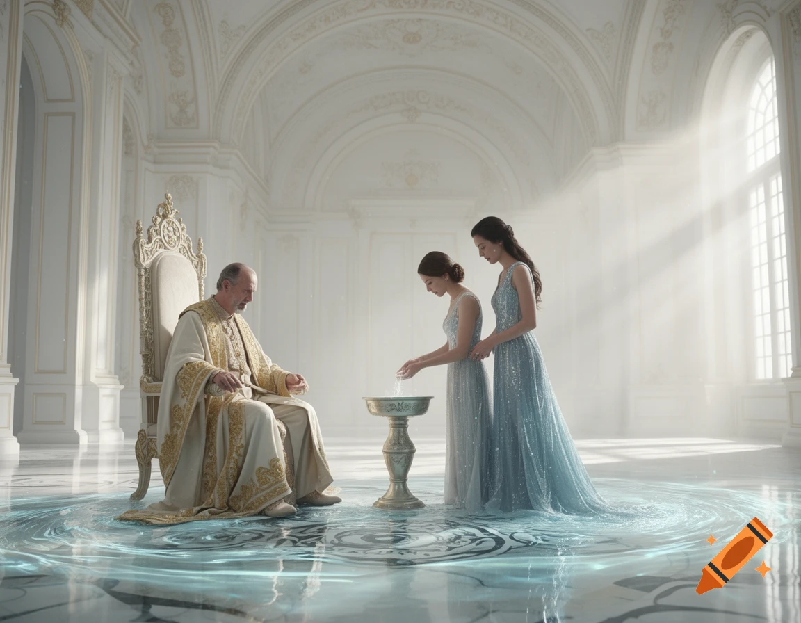 An elderly man in white and gold robes sits on a throne, observing two women performing a ritual with water in a grand palace.
