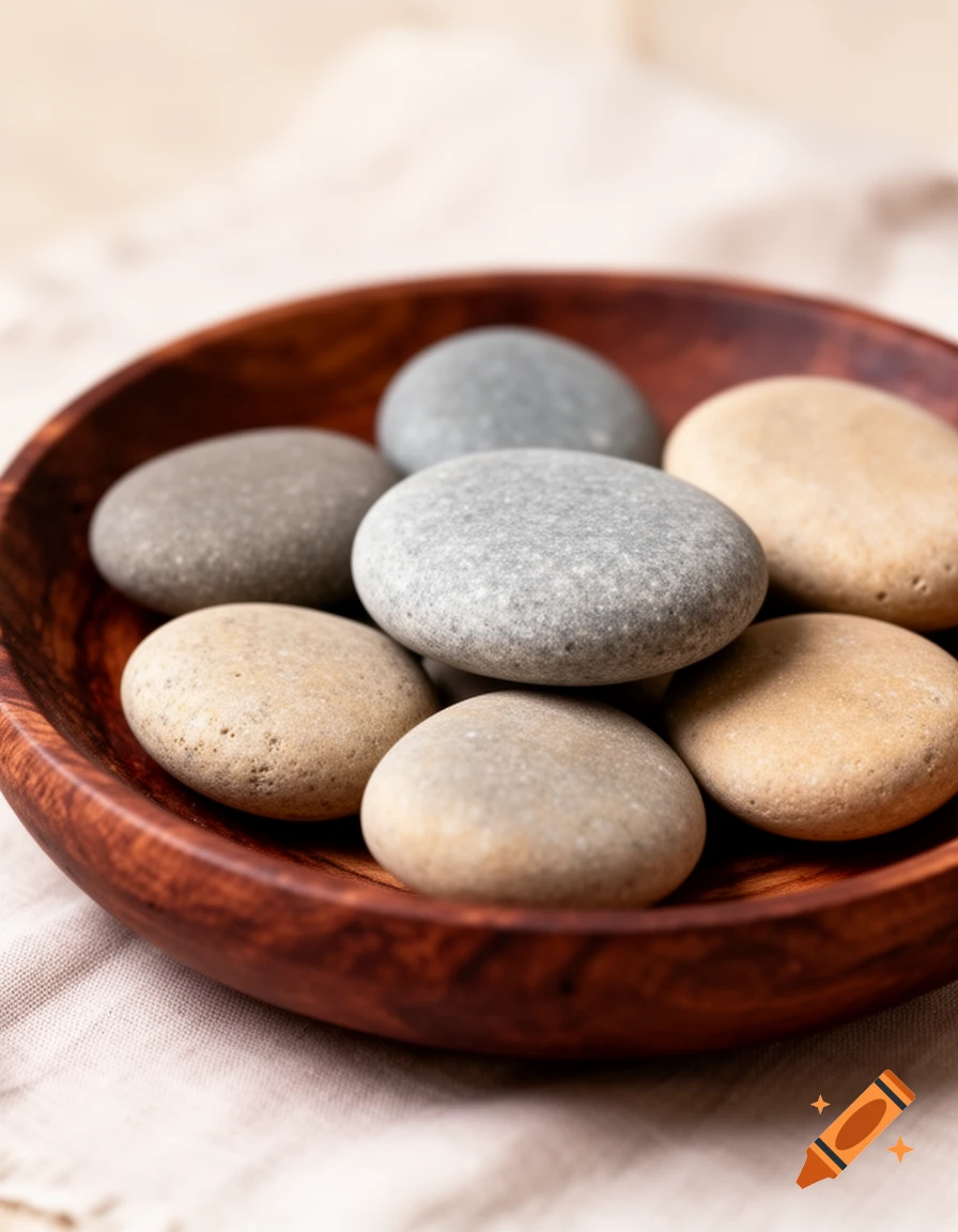 Smooth, grey and beige natural stones fill a rustic wooden bowl on a light fabric.