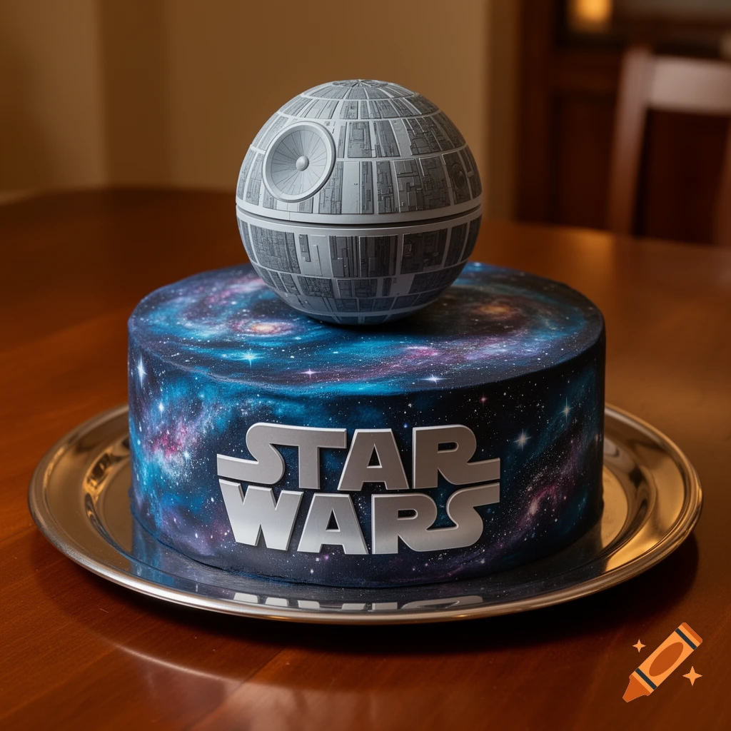 A photorealistic Star Wars-themed cake with a galaxy design, the 'STAR WARS' logo, and a Death Star model on top.