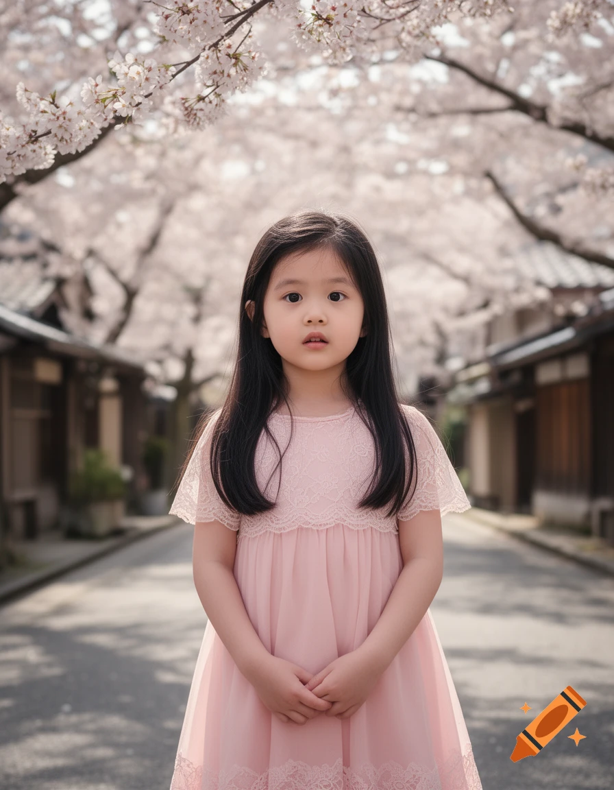 A young girl with long dark hair, wearing a pink dress, stands on a street under blooming cherry blossom trees.
