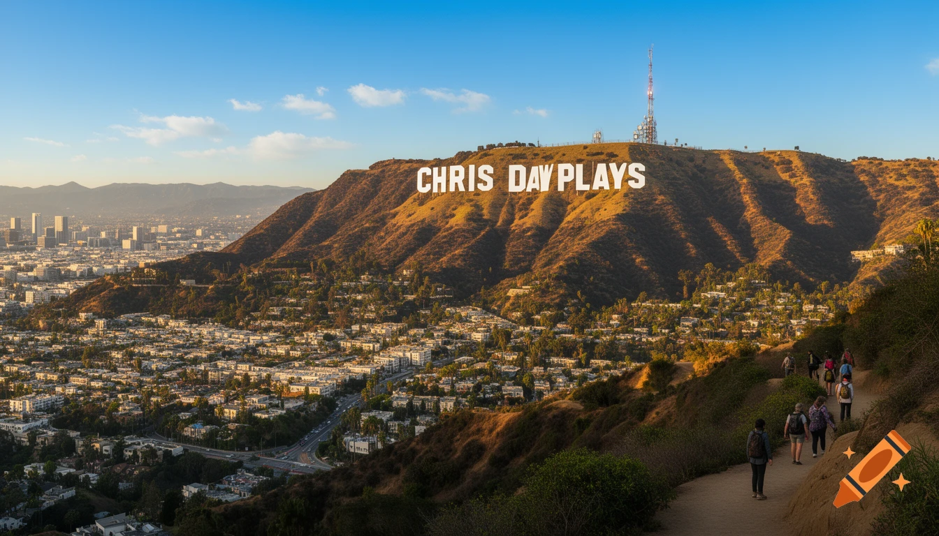 Photorealistic landscape of a city with 'CHRIS DAY PLAYS' on a golden hill, and hikers on a foreground trail.