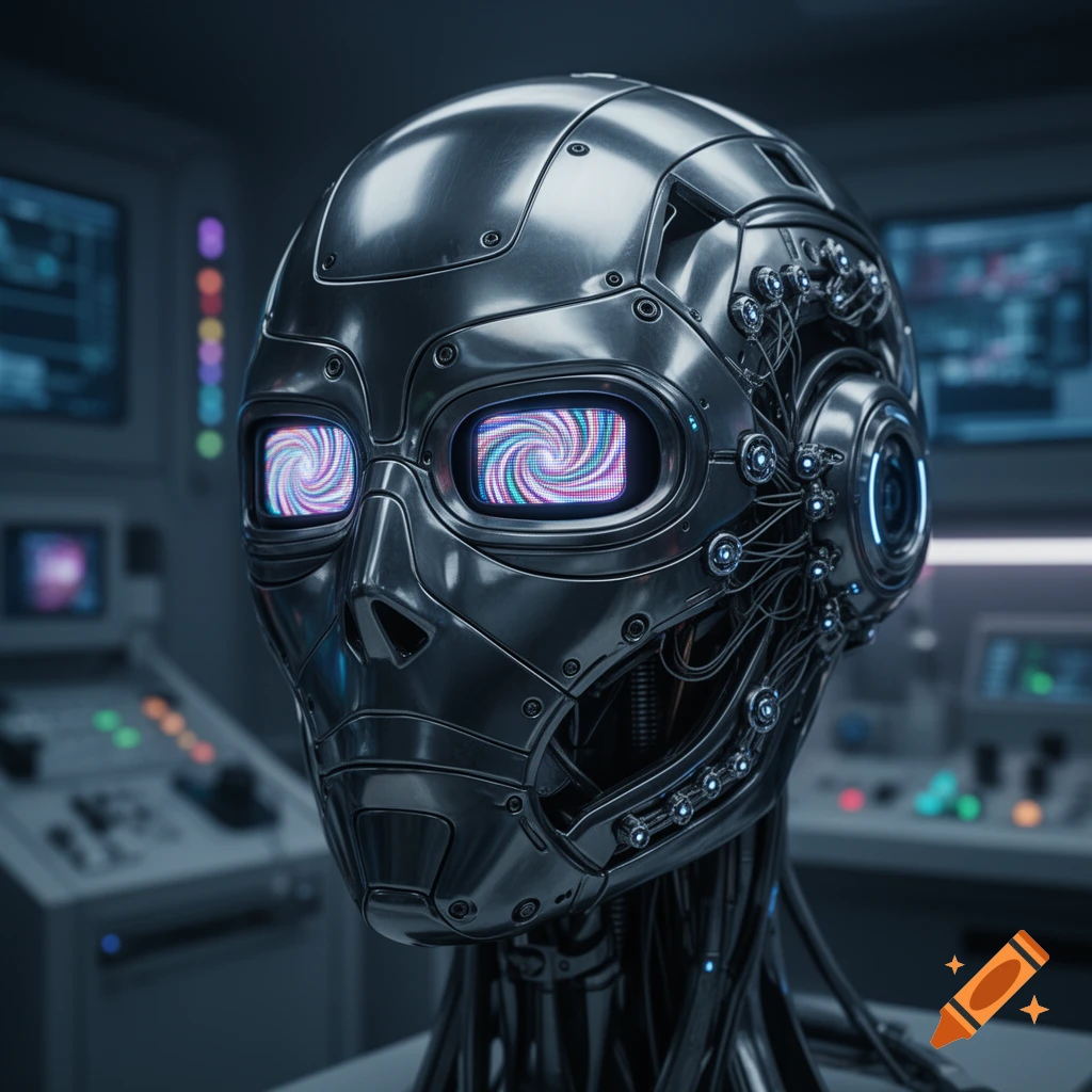 A detailed, photorealistic metallic robot head with glowing, swirling hypnotic eyes in a futuristic control room.