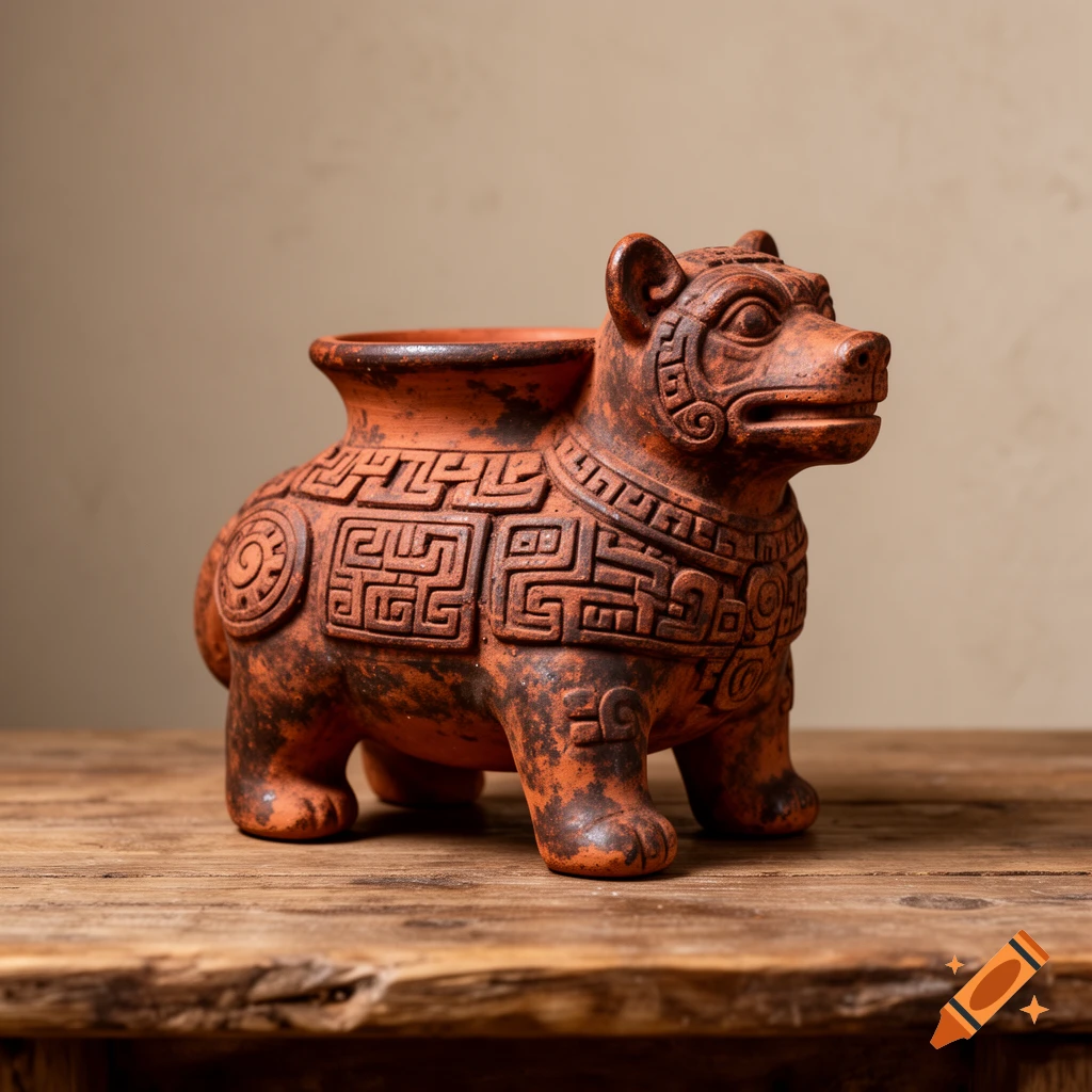 Terra cotta animal-shaped vessel with Aztec-style carvings on a wooden surface.