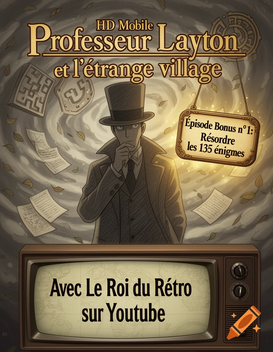Cartoon poster for 'Professeur Layton' featuring the character, game title, and text 'Avec Le Roi du Rétro sur Youtube' on a TV.