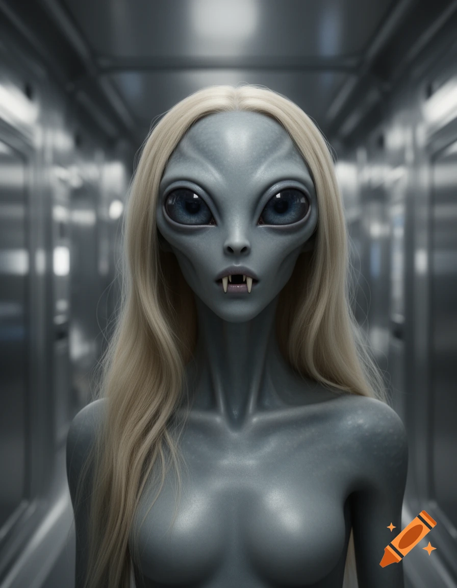 A grey alien woman with large dark eyes, long blonde hair, and vampire fangs stands in a metallic hallway.